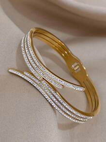 1PC Unique Design Gold Color Stainless Steel Bracelet Stackable Bangle For Women Glitter CZ Rhinestone Cuff Bangles Waterproof Daily Party Jewelry - Yellow Gold - View 5