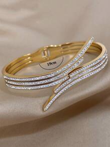 1PC Unique Design Gold Color Stainless Steel Bracelet Stackable Bangle For Women Glitter CZ Rhinestone Cuff Bangles Waterproof Daily Party Jewelry - Yellow Gold - View 6