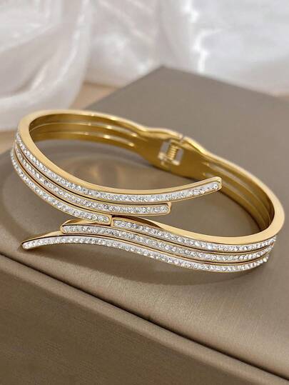 1 Pièce Bracelet Empilable À Croix En Acier Inoxydable Doré De Conception Unique Pour Femmes, Bracelets À Manchette En Pierres Étincelantes Cz Imperméables Pour Des Bijoux Quotidiens De Fête