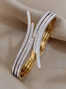 1PC Unique Design Gold Color Stainless Steel Bracelet Stackable Bangle For Women Glitter CZ Rhinestone Cuff Bangles Waterproof Daily Party Jewelry - Yellow Gold - View 2