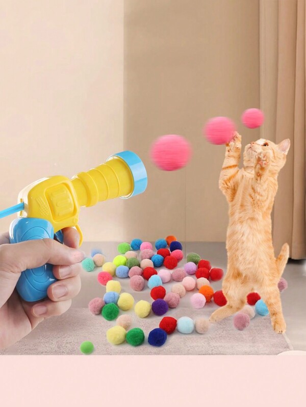 1pc Cat Interactive Plush Toy Gun With 50pcs 3cm Foam Balls For Pet