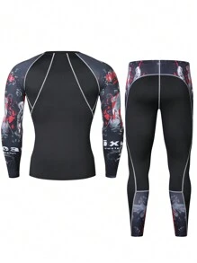 印花長袖運動t恤+運動褲,適用於跑步,籃球,自行車等運動。男性緊身運動t恤,快干彈性運動壓縮健身套裝,運動服,運動裝 - 黑色 - 查看 3