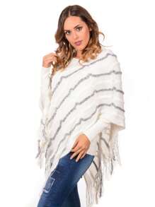 One-Size-Fits-All Poncho Cape Casual Warm Knitted Fabric For Women Asymmetrical With Fringes CMGZ-012 - 白色 - 查看 2