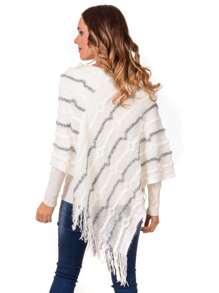 One-Size-Fits-All Poncho Cape Casual Warm Knitted Fabric For Women Asymmetrical With Fringes CMGZ-012 - 白色 - 查看 3