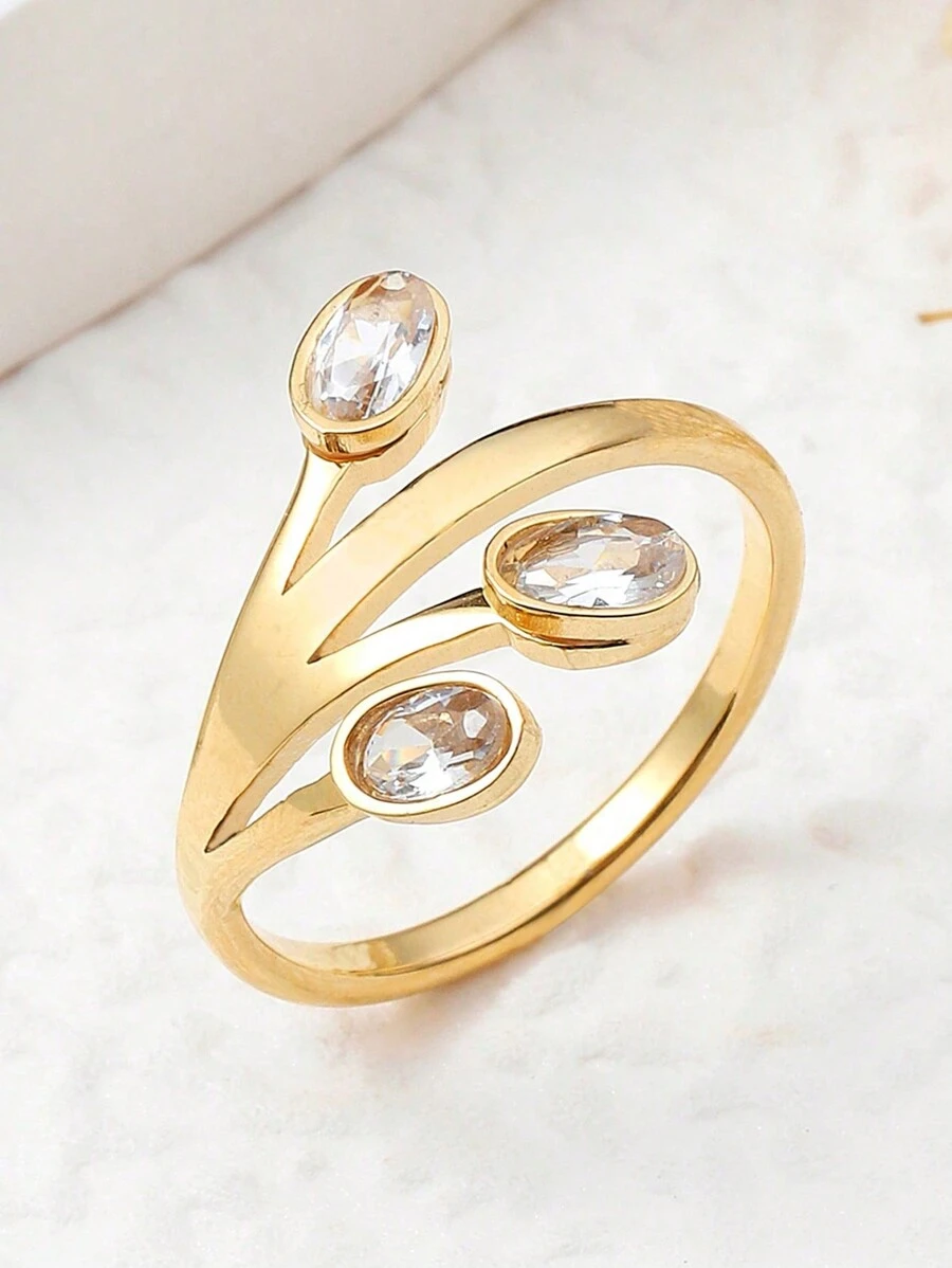 Three Layer Gold Plated Ring Set With Rhinestone Embellishment, Suitable For Daily Wear - Gold - View 1