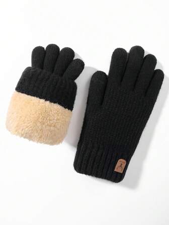 1pair Winter Men's Double-Layered Thickened Touch Screen Texting Warm Gloves, Knitted Stripe & Full Finger Design, Ideal For Parties, Driving, Gaming, Cycling, Hiking, Writing Etc Halloween Accessories Winter Gloves