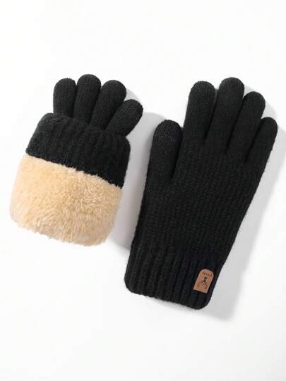 1pair Winter Men's Double-Layered Thickened Touch Screen Texting Warm Gloves, Knitted Stripe & Full Finger Design, Ideal For Parties, Driving, Gaming, Cycling, Hiking, Writing Etc Halloween Accessories Winter Gloves