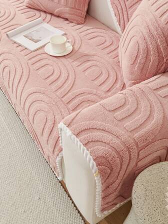 1pc Pink Sofa Slipcover With Arch-shaped White Printed Edges For Living Room, Study Room, Pets, All Seasons