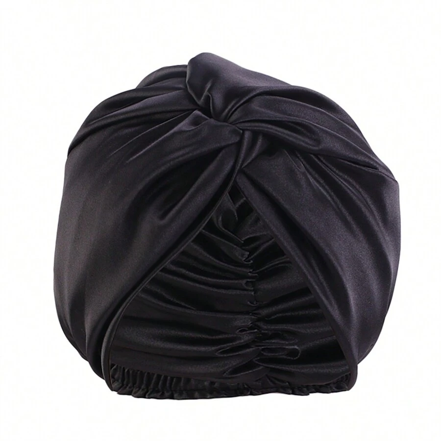 Bonnet de sommeil noir à double couche effet soie à la mode, bonnet de bain à torsades croisées, bonnet de turban de maquillage de beauté en satin - Noir - Voir 1