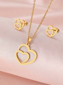 Aomogo Stainless Steel Necklace & Earrings Set, Hollow Double Heart/Sun Pendant, Gift For Women, Engagement/Anniversary