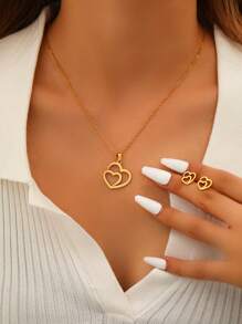 Aomogo Stainless Steel Necklace & Earrings Set, Hollow Double Heart/Sun Pendant, Gift For Women, Engagement/Anniversary