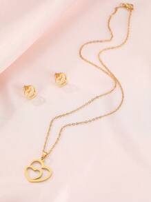 Aomogo Stainless Steel Necklace & Earrings Set, Hollow Double Heart/Sun Pendant, Gift For Women, Engagement/Anniversary