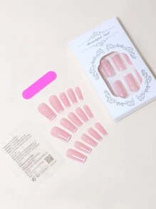 24pcs Elegant Coffin Shaped White French False Nails + 1pc Nail File + 1pc Jelly Glue Press On Nails Nail Supplies - Pink - View 2