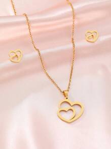 Aomogo Stainless Steel Necklace & Earrings Set, Hollow Double Heart/Sun Pendant, Gift For Women, Engagement/Anniversary