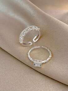 2 piezas/set Anillo de moda a doble capas ajustable vintage - Plateado - Ver 2