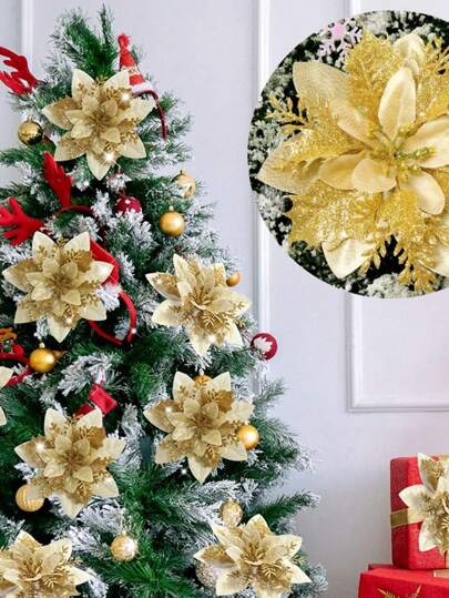 1set 5pcs Gold-Tone Artificial Christmas Flowers Home Decor Christmas Decorations Room Decor