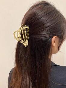 1pc Golden Punk Style Skull Design Hair Clip, Back Scrunchie For Halloween - Gold - View 1