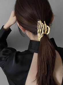 1pc Golden Punk Style Skull Design Hair Clip, Back Scrunchie For Halloween - Gold - View 2