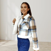 abrigo corto de cuadros chamarra de peluche de moda chaqueta afelpada doble forro - Multicolor - Ver 3