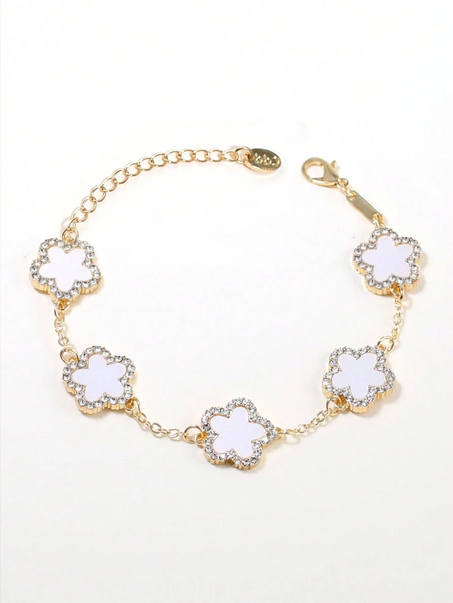 水鑽和花朵裝飾手環 - 金黃色 - 查看 1