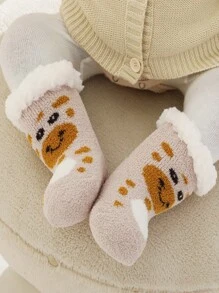 1 雙嬰兒卡通小羊毛絨厚中小腿襪子 - 卡其色 - 查看 1