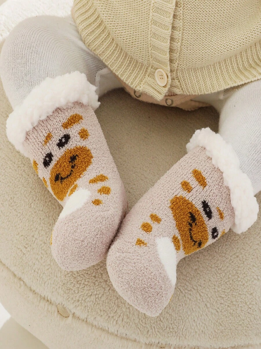 1 雙嬰兒卡通小羊毛絨厚中小腿襪子 - 卡其色 - 查看 1