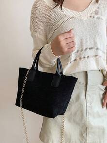 大容量極簡風女款手提包斜挎包,附鏈帶肩帶 - 黑色 - 查看 7