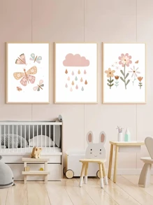 3入組20x30cm蝴蝶、花卉、雲朵印花兒童房客廳牆藝術畫,無框 - 彩色 - 查看 1