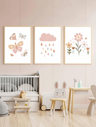 3入組20x30cm蝴蝶、花卉、雲朵印花兒童房客廳牆藝術畫,無框