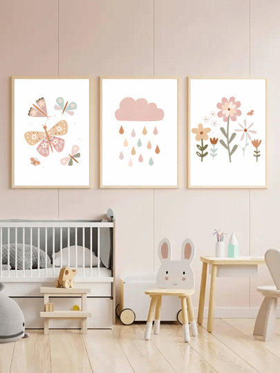 3入組20x30cm蝴蝶、花卉、雲朵印花兒童房客廳牆藝術畫,無框