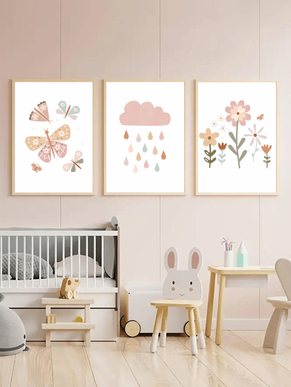 3入組20x30cm蝴蝶、花卉、雲朵印花兒童房客廳牆藝術畫,無框