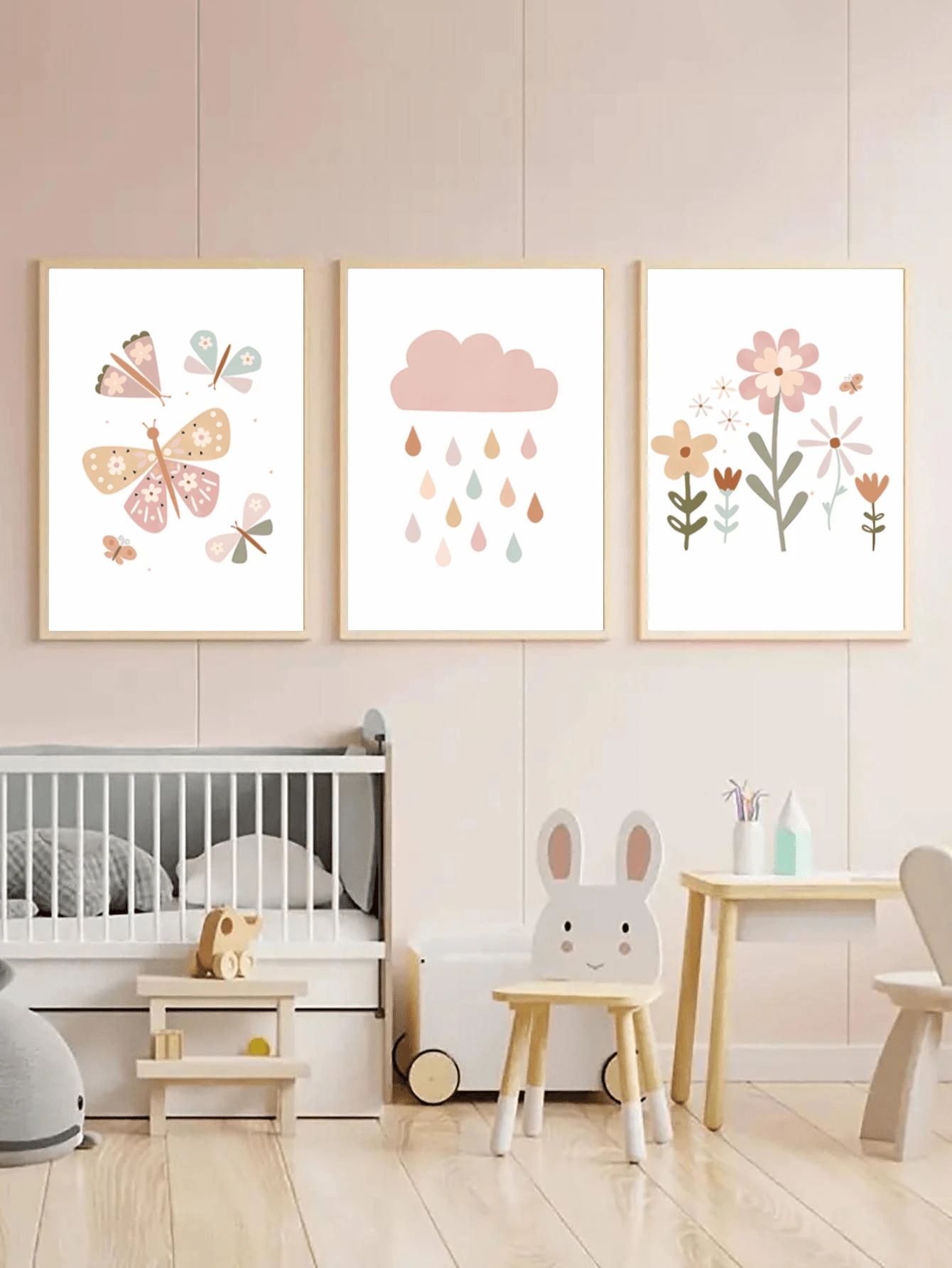 3入組20x30cm蝴蝶、花卉、雲朵印花兒童房客廳牆藝術畫,無框 - 彩色 - 查看 1