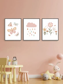 3入組20x30cm蝴蝶、花卉、雲朵印花兒童房客廳牆藝術畫,無框 - 彩色 - 查看 2
