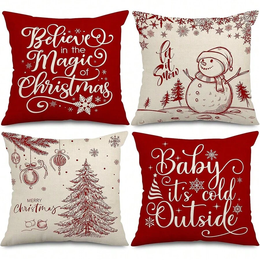 4入組紅白雪人冬季裝飾靠墊套,鄉村風格,適用於農舍沙發家庭辦公室裝飾,45 X 45 厘米 - 紅色 - 查看 1