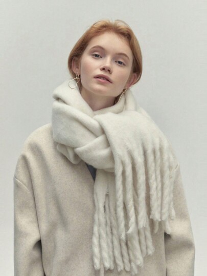 1pc Women's New Beige Striped Plush Extra Long Autumn/Winter Faux Cashmere Solid Color Warm Scarf With Tassels, Suitable For Outings, Travel, And Shopping