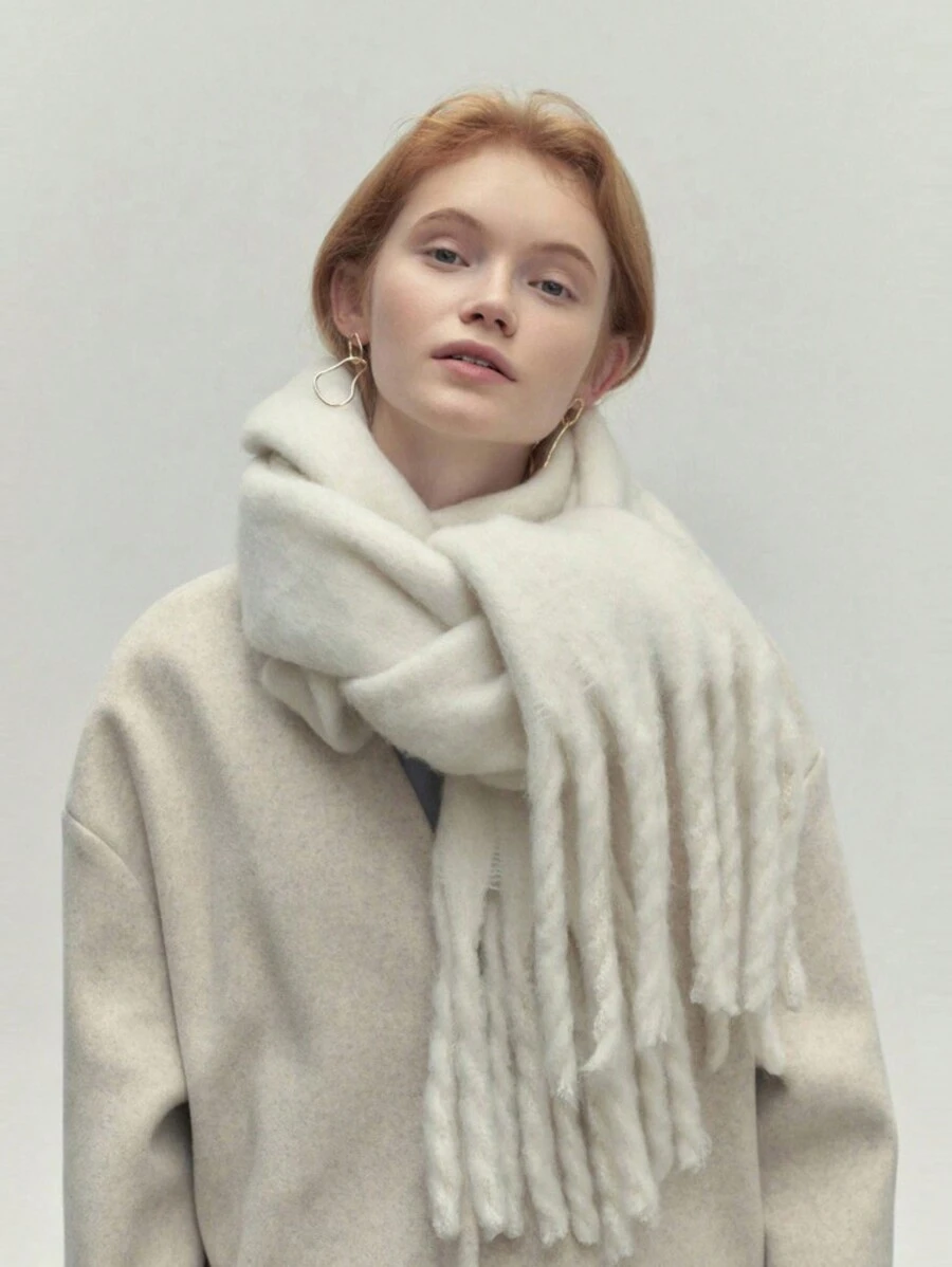 1pc Women Multicolor Long Faux Cashmere Warm Solid Color Scarf With Fashionable Tassels Suitable For Traveling And Shopping During Autumn And Winter Casual - Beige - View 1