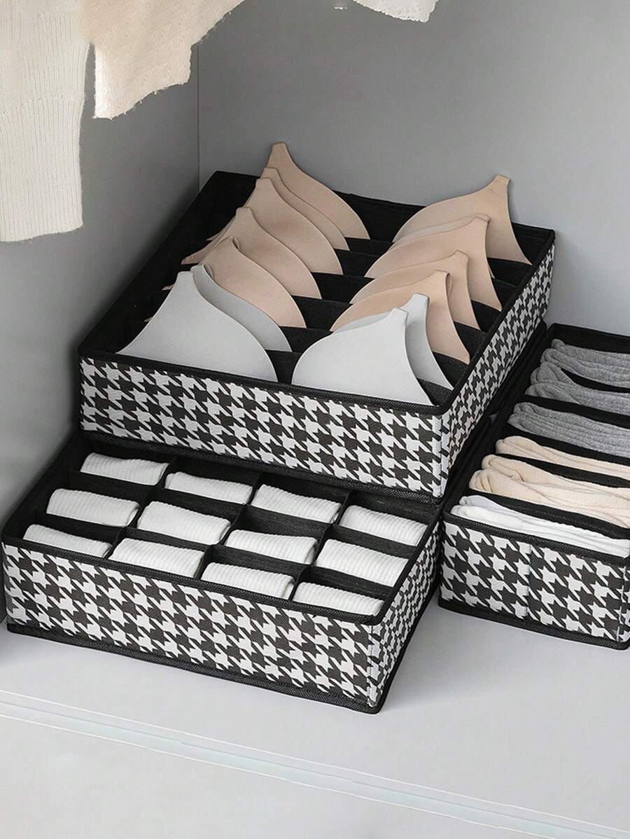 Plaid Clothes Storage Box With Separated Sections For Underwear And Socks - Black - View 1