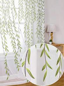1pc Green Willow Printed Sheer Window Curtain - Green - View 5