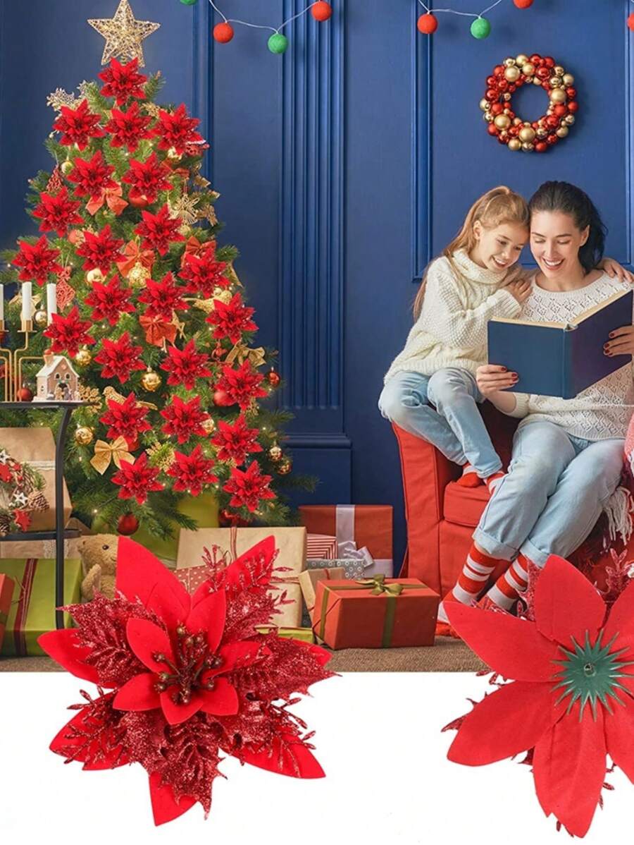 1 Set 5pcs Artificial Red Christmas Flowers - Red - View 1