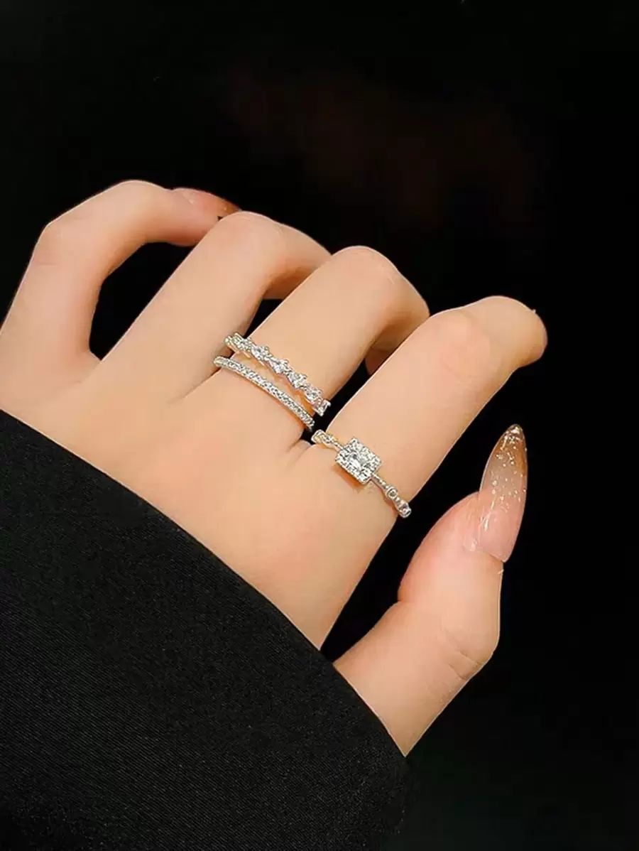 2 piezas/set Anillo de moda a doble capas ajustable vintage - Plateado - Ver 1