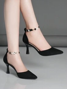 Women Flower & Faux Pearl Decor Point Toe Pyramid Heeled Pumps, Fashion Outdoor Faux Suede Ankle Strap Pumps