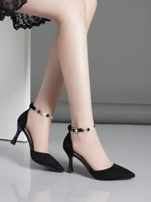 Women Flower & Faux Pearl Decor Point Toe Pyramid Heeled Pumps, Fashion Outdoor Faux Suede Ankle Strap Pumps