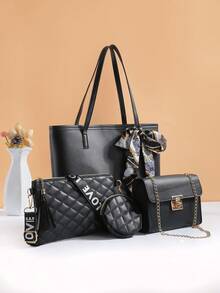 Fashionable Combination Bag Ribbon Decor Large Capacity Tote Bag With Flip Cover Chain Top Handle Crossbody Bag - Black - View 6