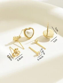 1件套鍍銅&方晶鋯石裝飾迷你耳釘, - 愛心花朵耳釘組合 - 查看 3