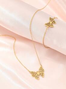 不銹鋼首飾套裝包括精美蝴蝶吊墜項鍊,翻領項鍊和手環在兩者金色和銀顏色,理想適用於女士配件,派對,和禮物至朋友們 - 金色 - 查看 5