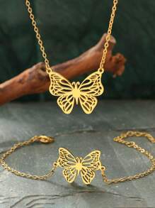 不銹鋼首飾套裝包括精美蝴蝶吊墜項鍊,翻領項鍊和手環在兩者金色和銀顏色,理想適用於女士配件,派對,和禮物至朋友們 - 金色 - 查看 6