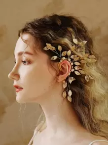 1件女士左耳金属叶子和水晶串珠装饰耳夹，时尚个性化，适合婚礼新娘、皇家万圣节等场合。 - 金色 - 查看 6