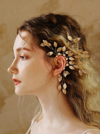 1 pieza Pendiente de oreja izquierda de mujer con hoja de metal y cuentas de cristal decoradas, personalizado de moda para novias de boda, real, Halloween