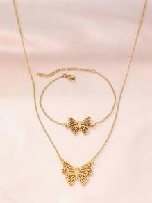 不銹鋼首飾套裝包括精美蝴蝶吊墜項鍊,翻領項鍊和手環在兩者金色和銀顏色,理想適用於女士配件,派對,和禮物至朋友們 - 金色 - 查看 4