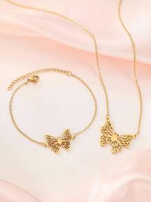 不銹鋼首飾套裝包括精美蝴蝶吊墜項鍊,翻領項鍊和手環在兩者金色和銀顏色,理想適用於女士配件,派對,和禮物至朋友們 - 金色 - 查看 1